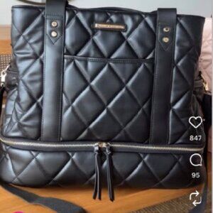 Poppy and Peonies Black Faux Leather Quilted Voyager Travel Bag Like New